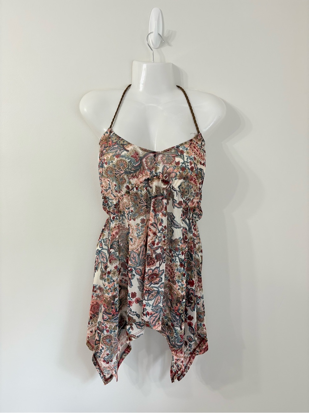 Y2K Mesh Paisley Halter Top Boho Fairy Grunge Handkerchief Hem Tassel Tie Back M